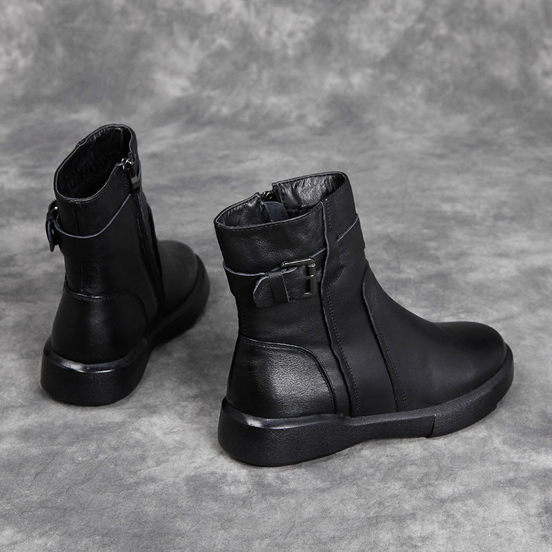 Women's Fleece-lined Cowhide British Belt Buckle Booties Women's Leather Boots
