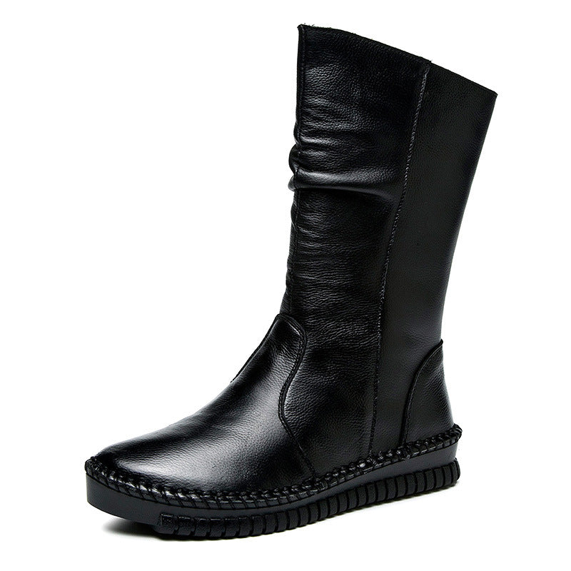 Women's Winter Fleece-lined Side Zipper Handmade Genuine Wellingtons Large Size Boots