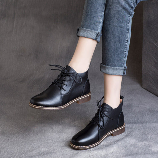 Retro Cowhide Mid British Style Single-layer Women's Casual Shoes