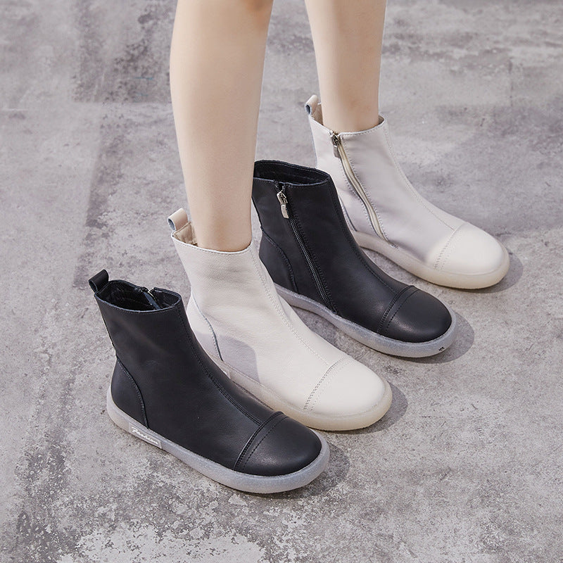 Women's Short Cowhide Beef Tendon Martin Side Zipper Boots