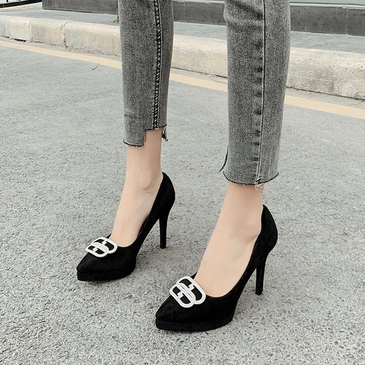 Women's Pointed Toe Shallow Mouth Suede Platform Four Heels