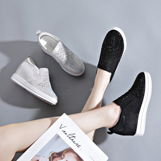 Women's Rhinestone Invisible Elevated White Genuine Wedge Casual Shoes