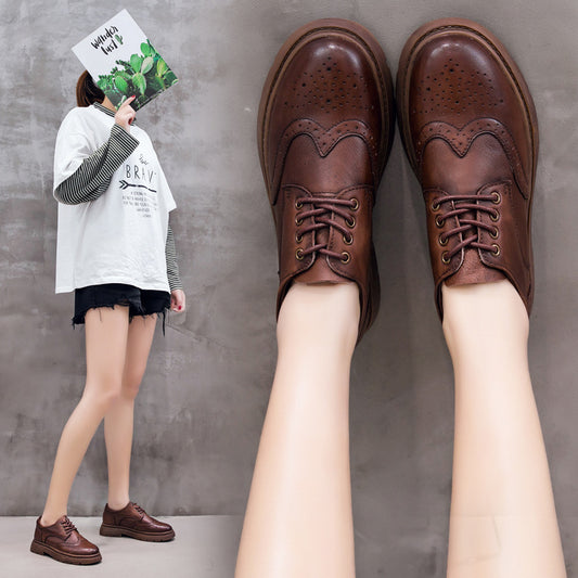 Women's Ethnic Style Brogue High-cut First Layer Cowhide Board Fashion Women's Casual Shoes