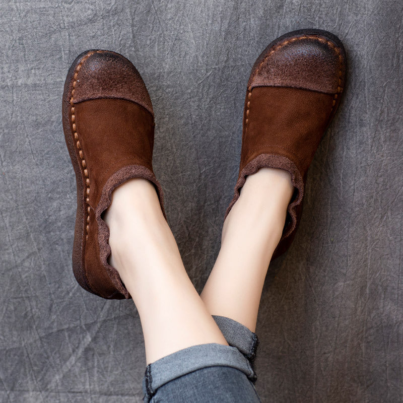 Women's Ethnic Style Retro Cowhide Flat Soft Bottom Pleated Pumps Women's Casual Shoes