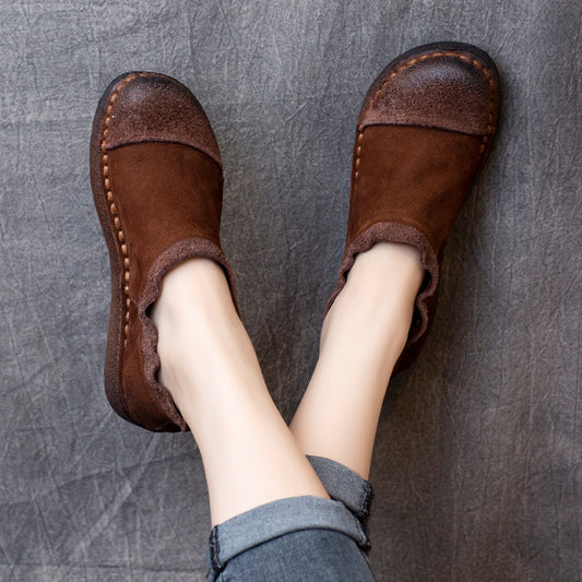 Women's Ethnic Style Retro Cowhide Flat Soft Bottom Pleated Pumps Women's Casual Shoes
