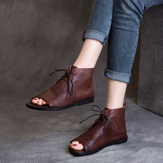 Summer Cowhide Retro Bottom Soft Peep Toe Flat Sandals