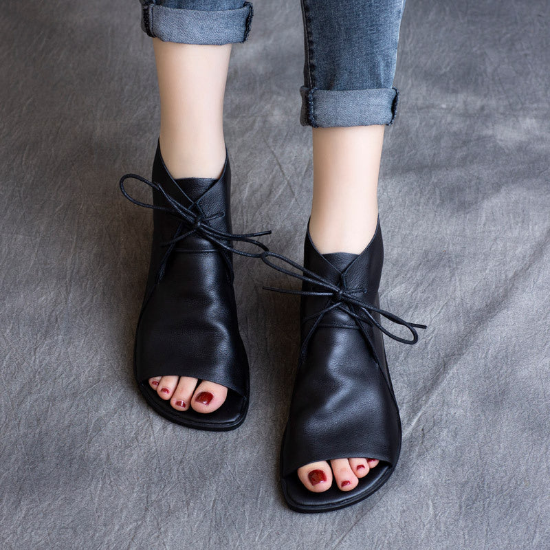 Summer Cowhide Retro Bottom Soft Peep Toe Flat Sandals