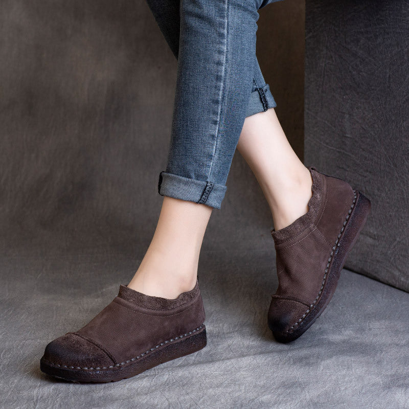 Women's Ethnic Style Retro Cowhide Flat Soft Bottom Pleated Pumps Women's Casual Shoes