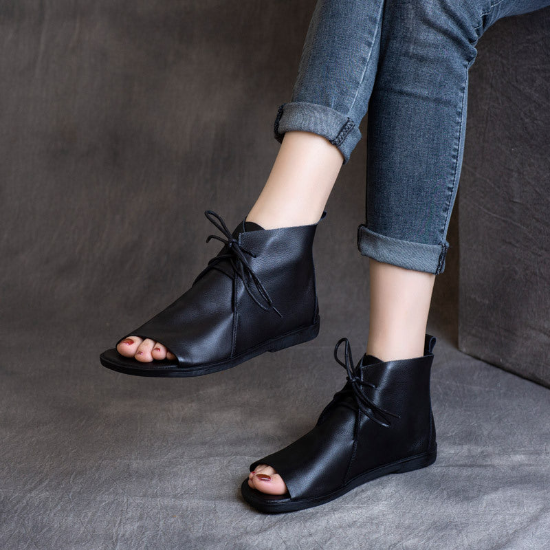 Summer Cowhide Retro Bottom Soft Peep Toe Flat Sandals