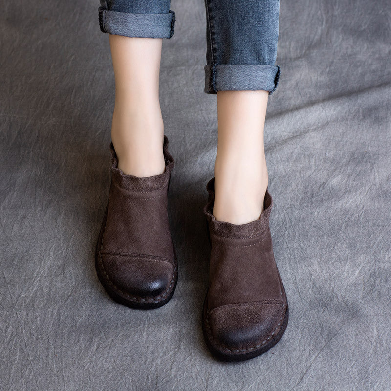 Women's Ethnic Style Retro Cowhide Flat Soft Bottom Pleated Pumps Women's Casual Shoes