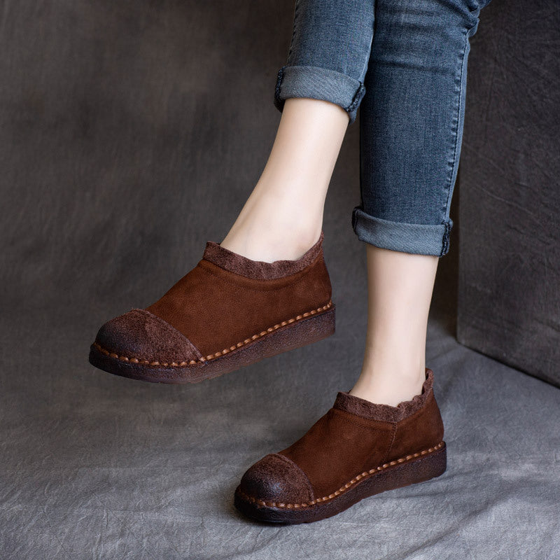Women's Ethnic Style Retro Cowhide Flat Soft Bottom Pleated Pumps Women's Casual Shoes