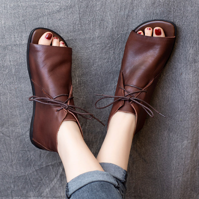 Summer Cowhide Retro Bottom Soft Peep Toe Flat Sandals
