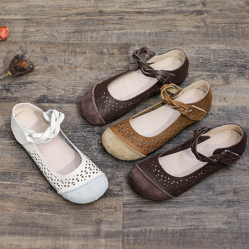 Women's Pumps Flat Retro Soft Round Head Hollow Out Sandals