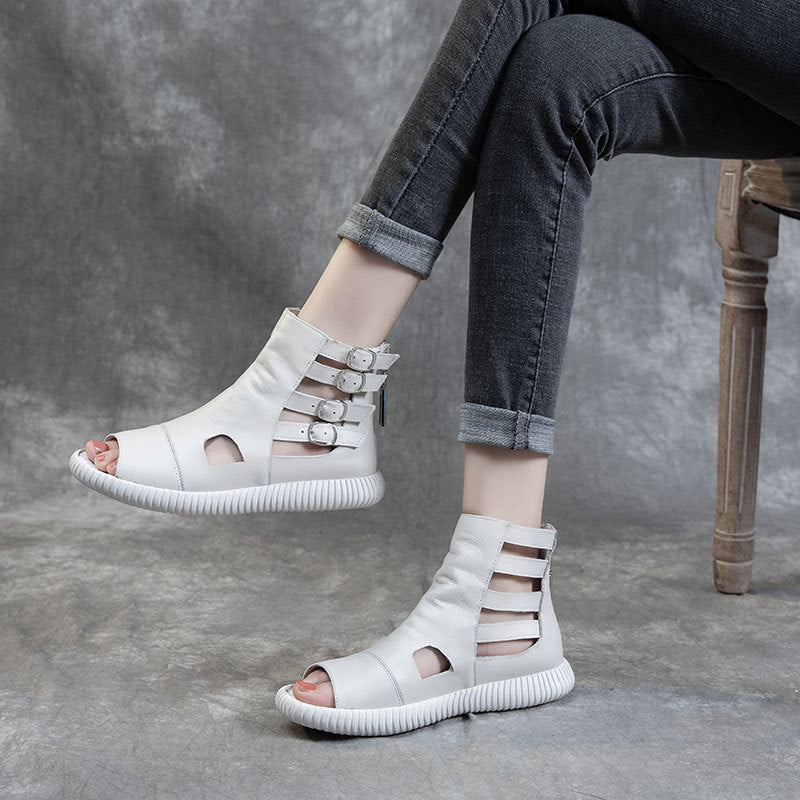 Women's Cowhide Four Buckle Height Increasing Insole Sandals