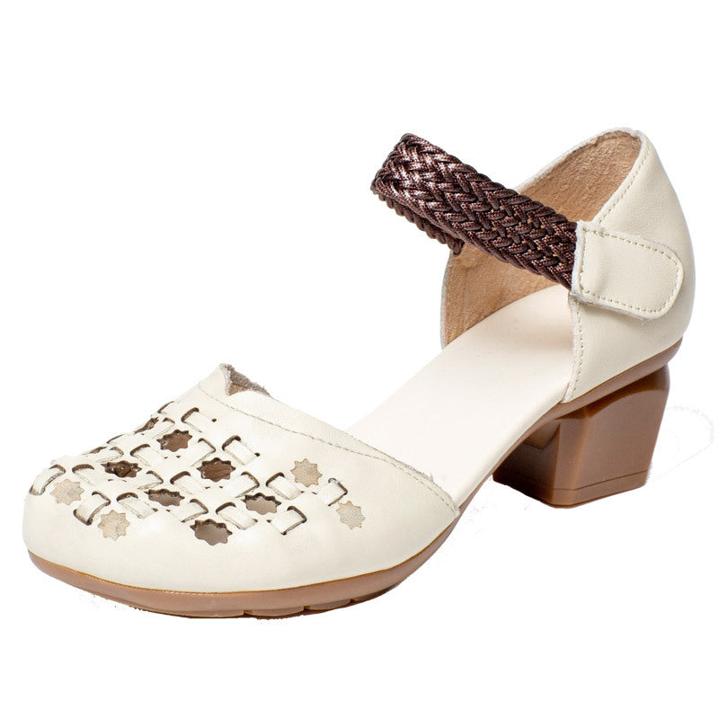 Women's Vintage Cowhide Woven Hollowed Velcro Chunky Women's Casual Shoes