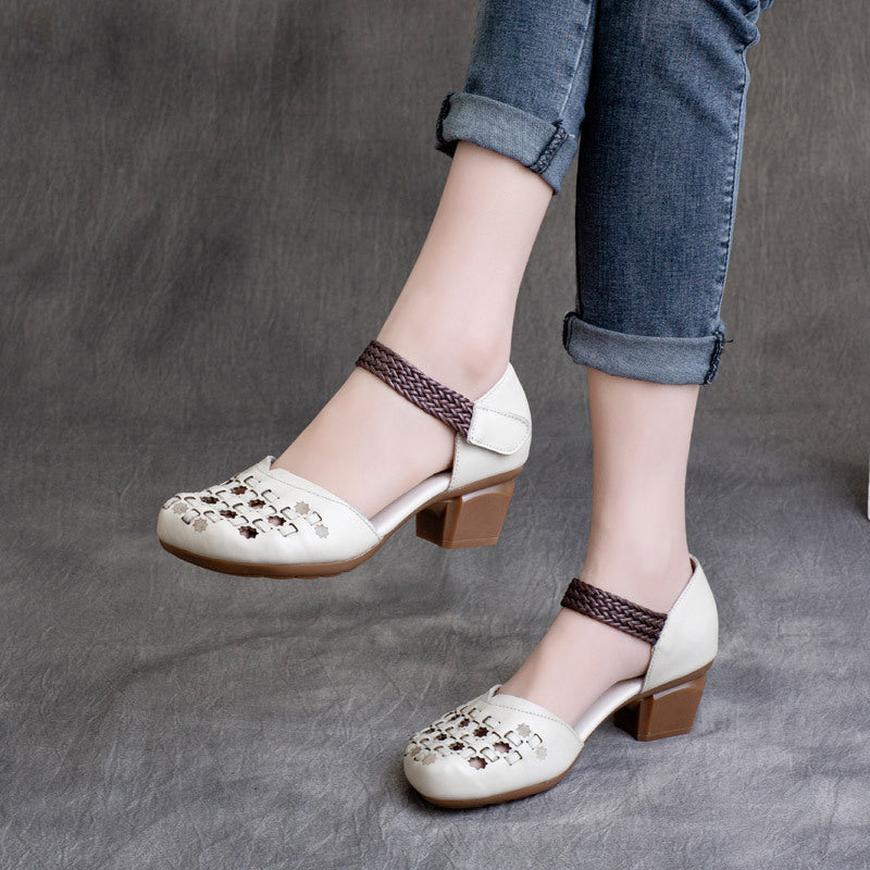Women's Vintage Cowhide Woven Hollowed Velcro Chunky Women's Casual Shoes