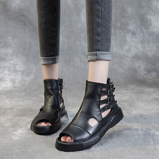 Women's Summer Cowhide Platform Peep Toe High Heels
