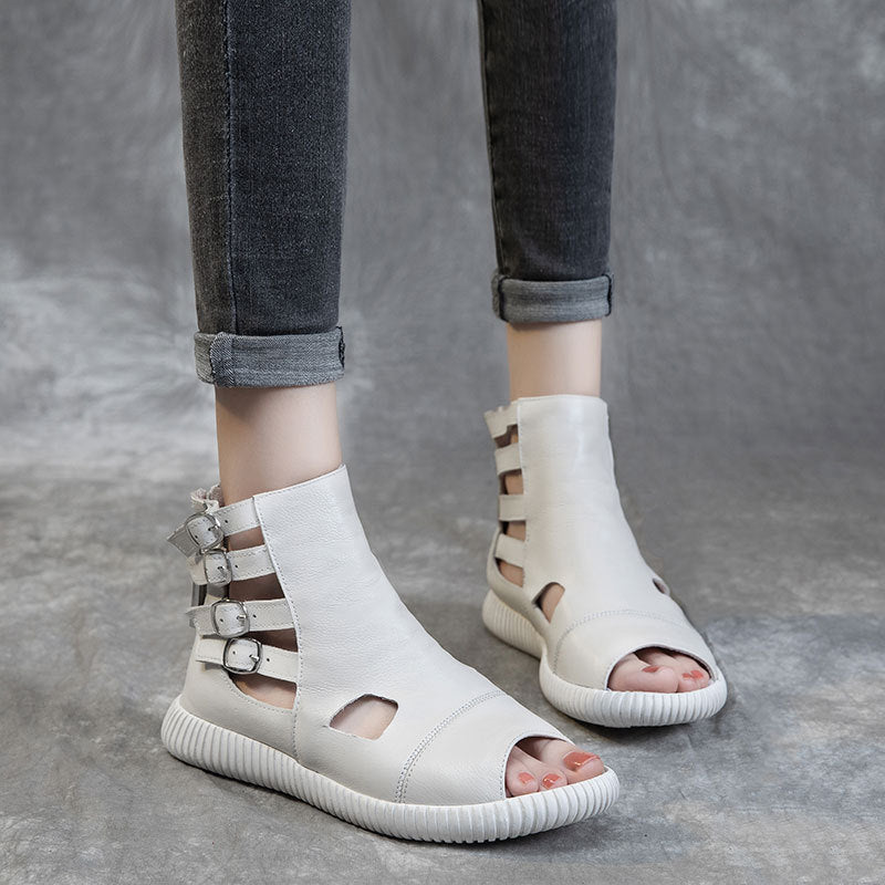 Women's Cowhide Four Buckle Height Increasing Insole Sandals