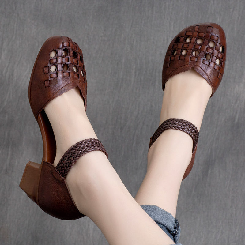 Women's Vintage Cowhide Woven Hollowed Velcro Chunky Women's Casual Shoes