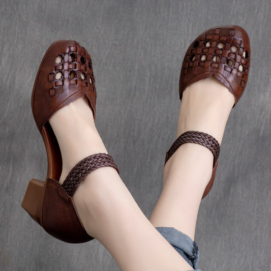 Women's Vintage Cowhide Woven Hollowed Velcro Chunky Women's Casual Shoes