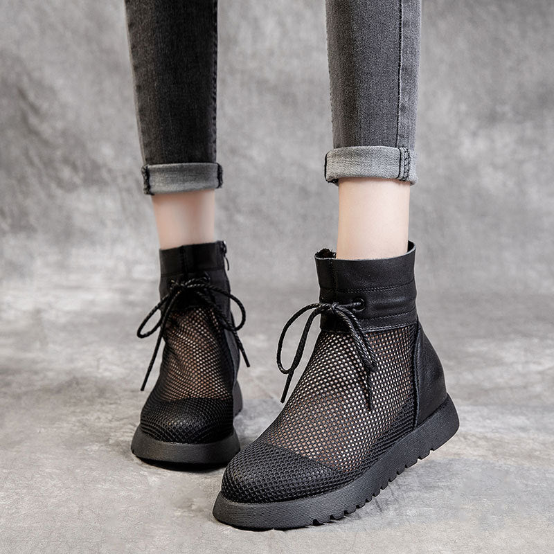 Women's Retro Cowhide Mesh Flat British Style Heels