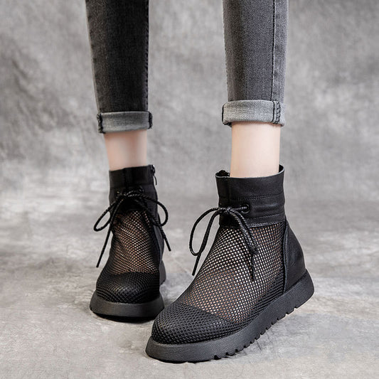 Women's Retro Cowhide Mesh Flat British Style Heels