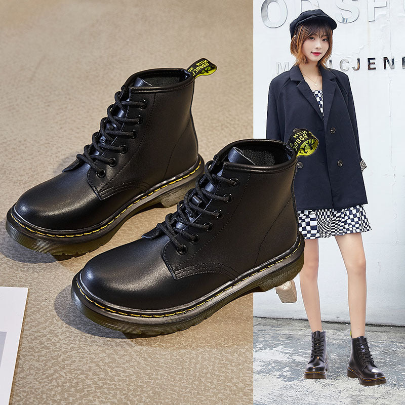 Women's Motorcycle Flat Chunky British Style Martin Cowhide Inner Height Boots