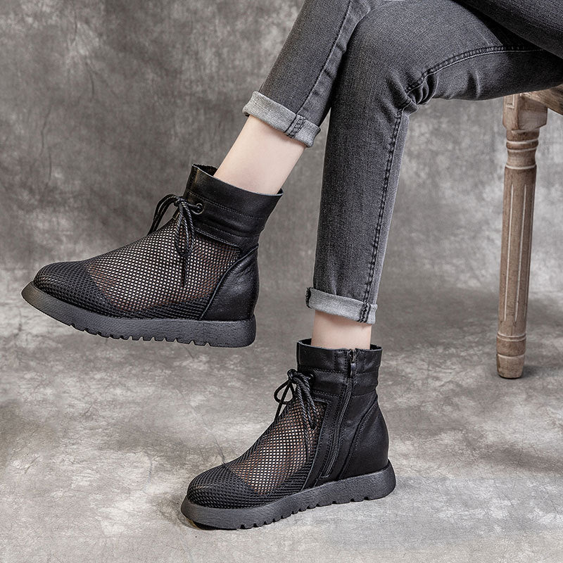 Women's Retro Cowhide Mesh Flat British Style Heels