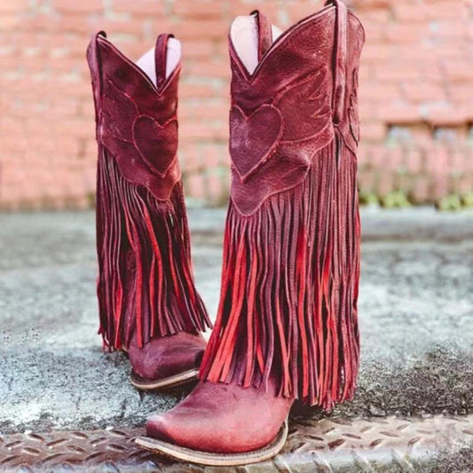 Women's Handmade Thick High Mid Pointed Toe Boots