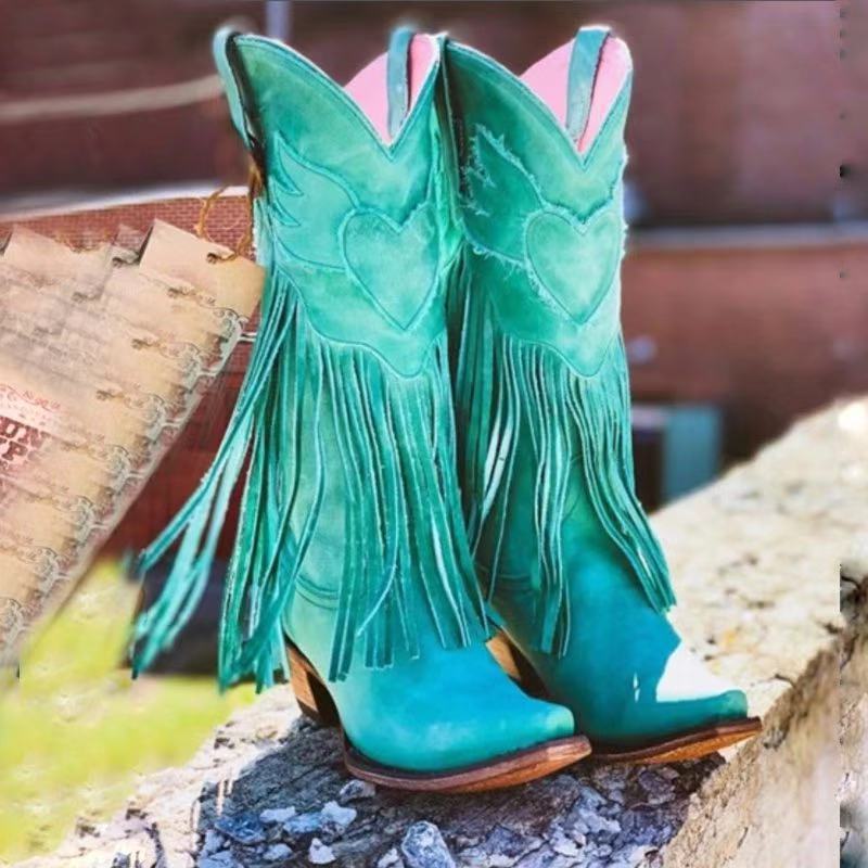 Women's Handmade Thick High Mid Pointed Toe Boots