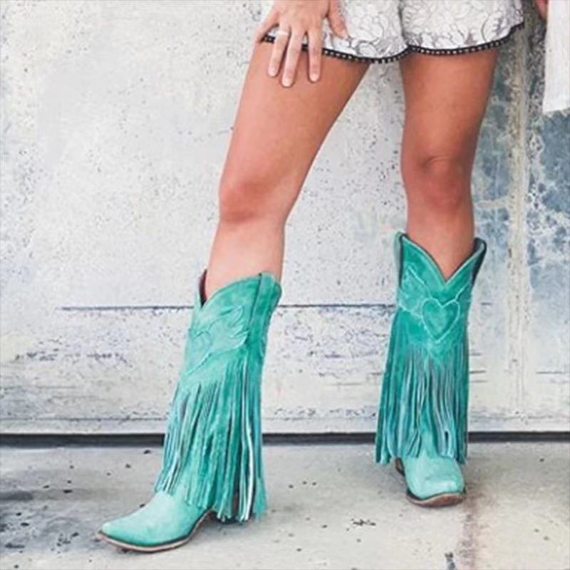 Women's Handmade Thick High Mid Pointed Toe Boots