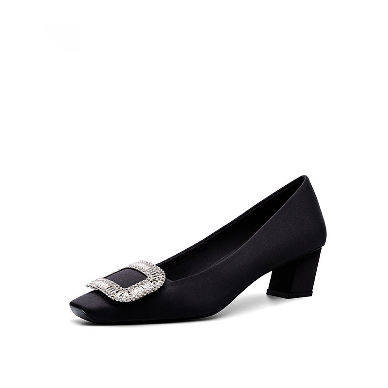 Women's Chunky Square Toe Rhinestone Versatile Single-layer Low-cut Women's Fashion Shoes