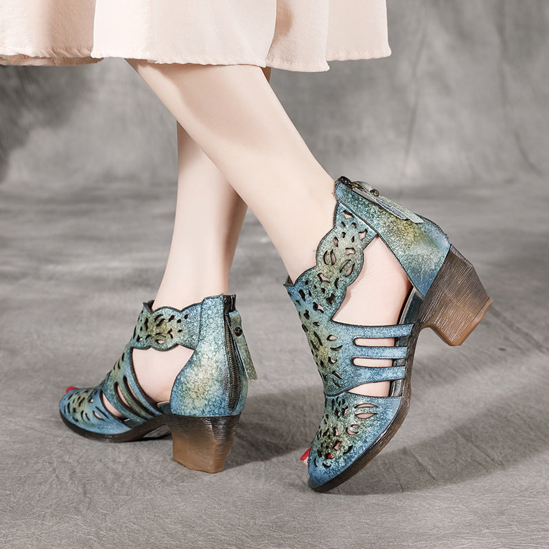 Women's Breathable Genuine Mid Elegant Zipper Hollow Sandals
