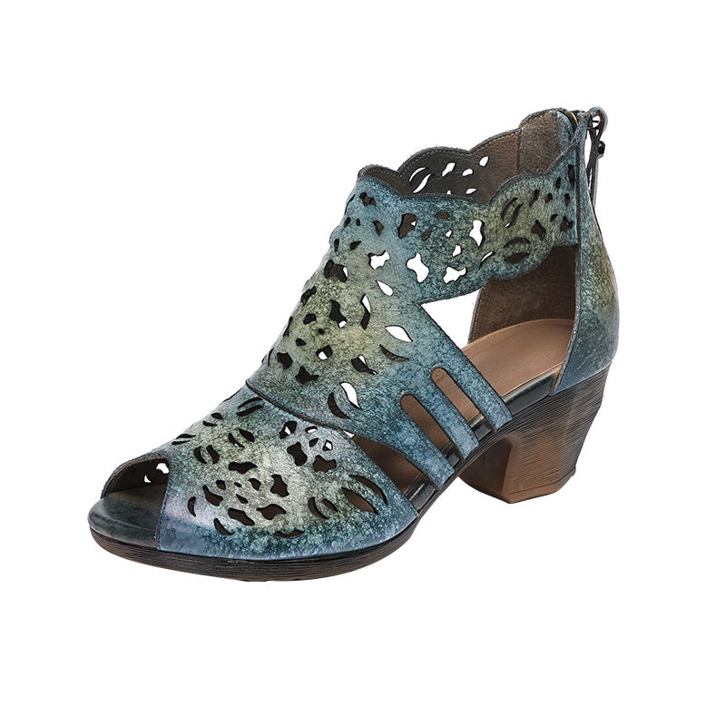 Women's Breathable Genuine Mid Elegant Zipper Hollow Sandals