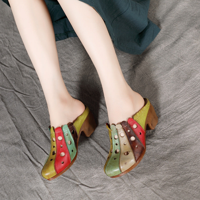 Hollow Flower Cowhide Color Soft Bottom Flat Slippers
