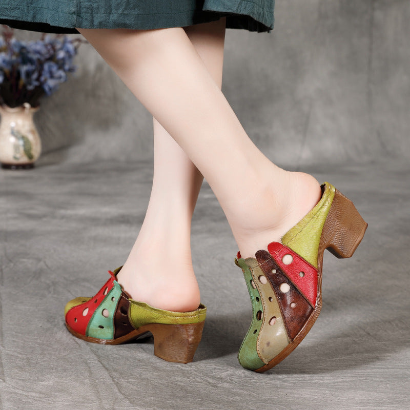 Hollow Flower Cowhide Color Soft Bottom Flat Slippers