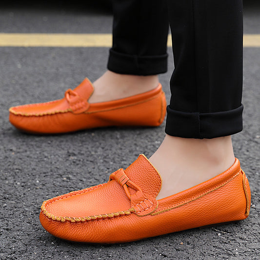 Men's Live Top Layer Cowhide Small Soft Noodle Peas Leather Shoes