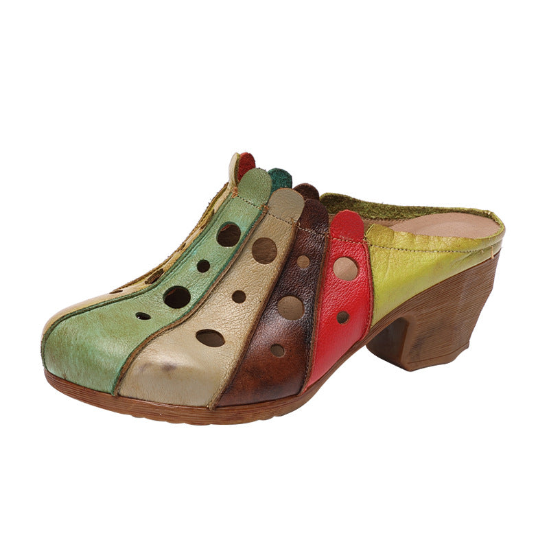 Hollow Flower Cowhide Color Soft Bottom Flat Slippers