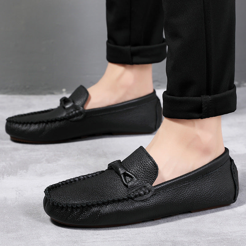 Men's Live Top Layer Cowhide Small Soft Noodle Peas Leather Shoes