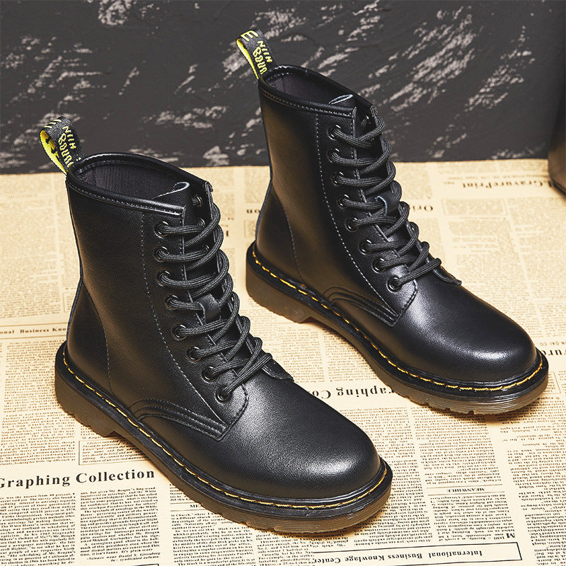 Women's Motorcycle Flat Chunky British Style Martin Cowhide Inner Height Boots