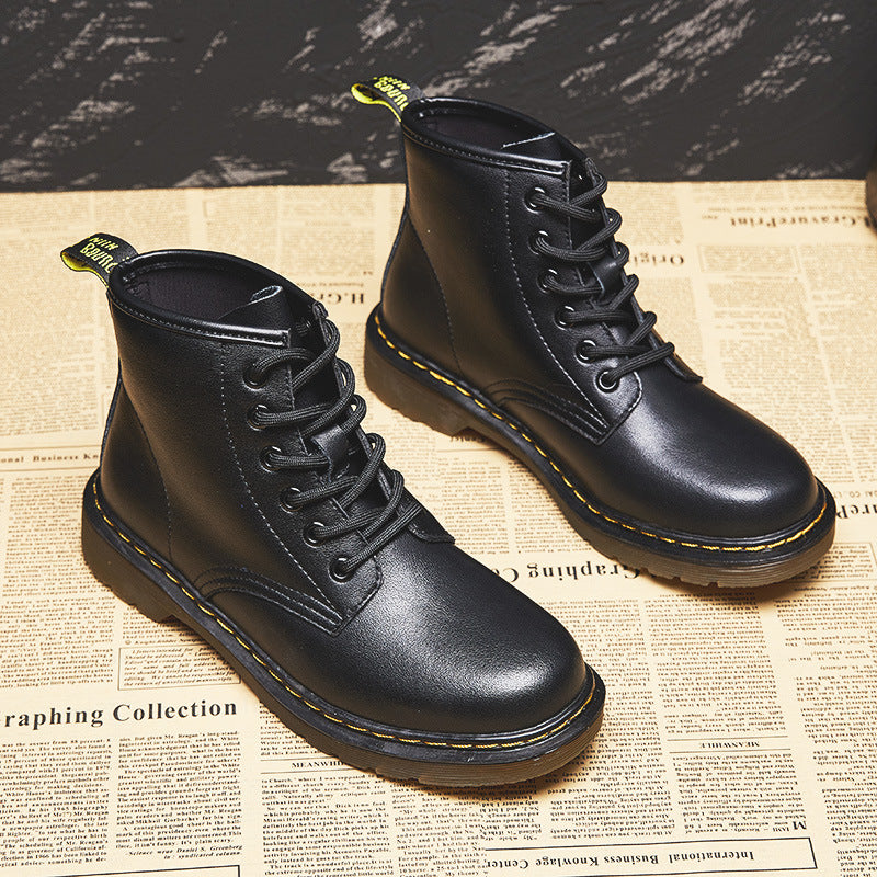 Women's Motorcycle Flat Chunky British Style Martin Cowhide Inner Height Boots