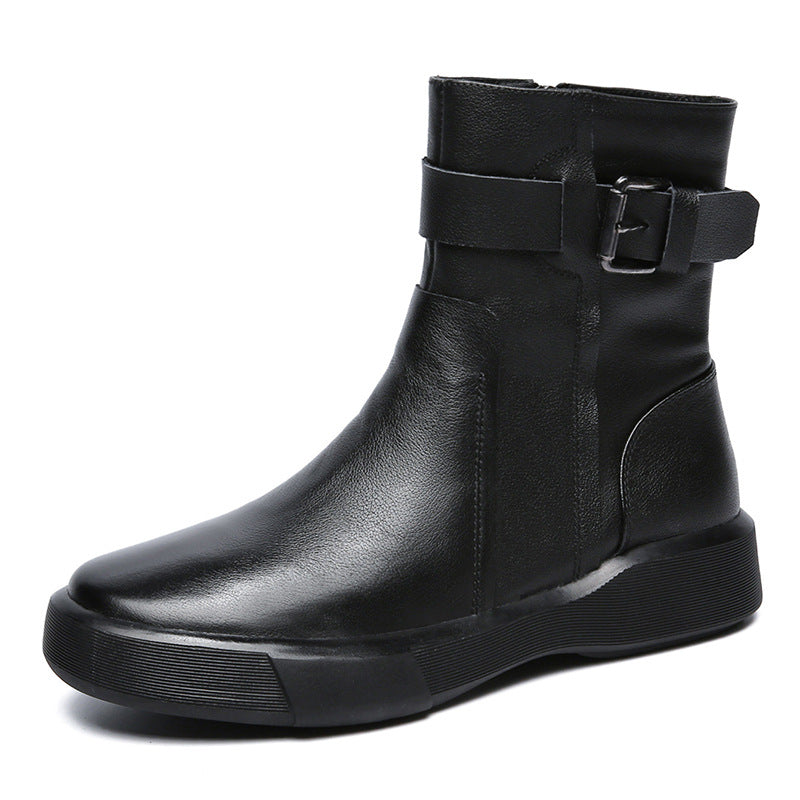 Women's Fleece-lined Cowhide British Belt Buckle Booties Women's Leather Boots