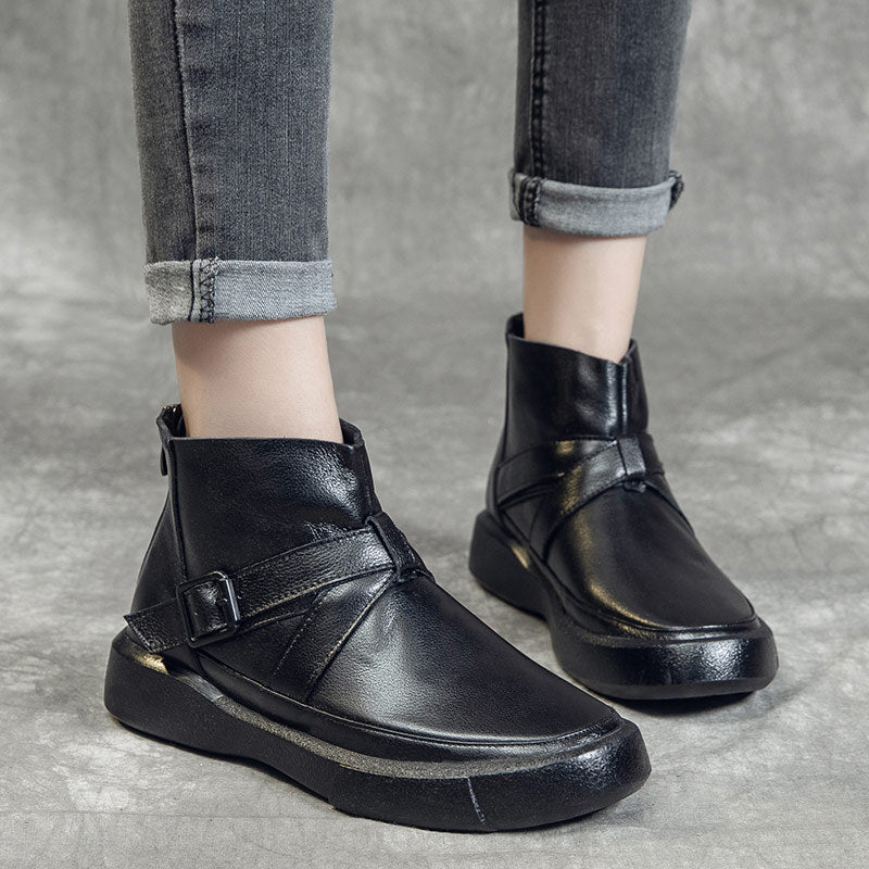 Women's Martin Cowhide Soft British Belt Buckle Boots