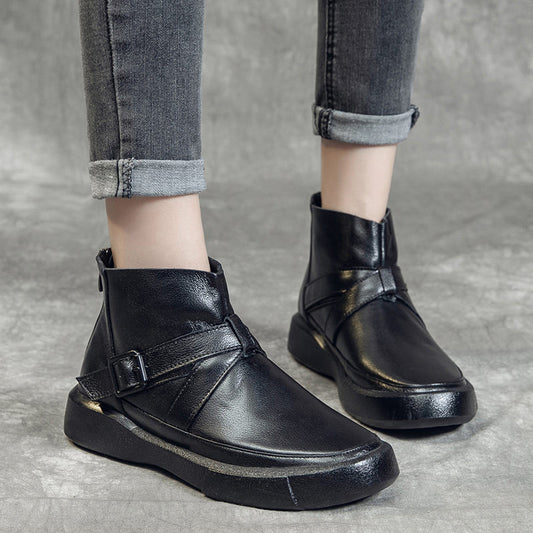 Women's Martin Cowhide Soft British Belt Buckle Boots