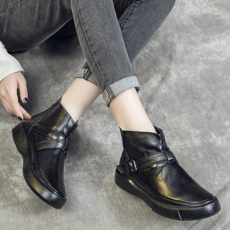 Women's Martin Cowhide Soft British Belt Buckle Boots
