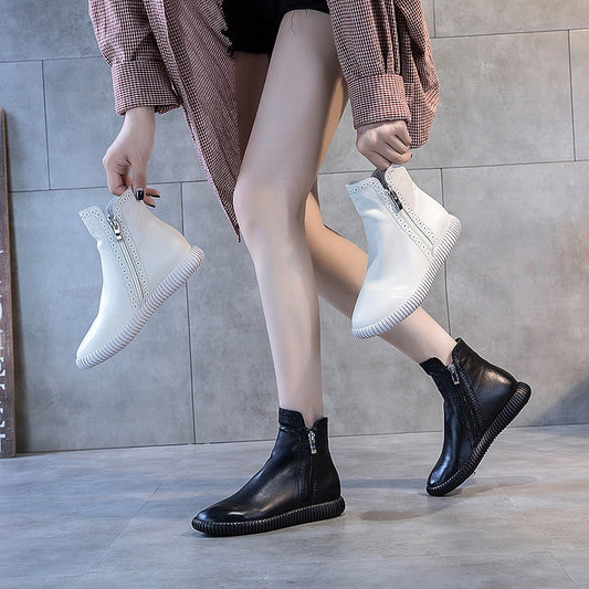 Women's Street Shot Cowhide Bootie Autumn Female Flat Boots
