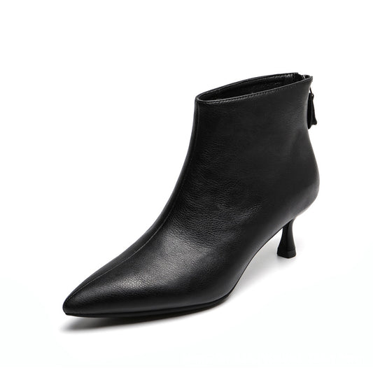 Women's Short Winter Fleece-lined Black High Top Layer Cowhide Women's Leather Boots