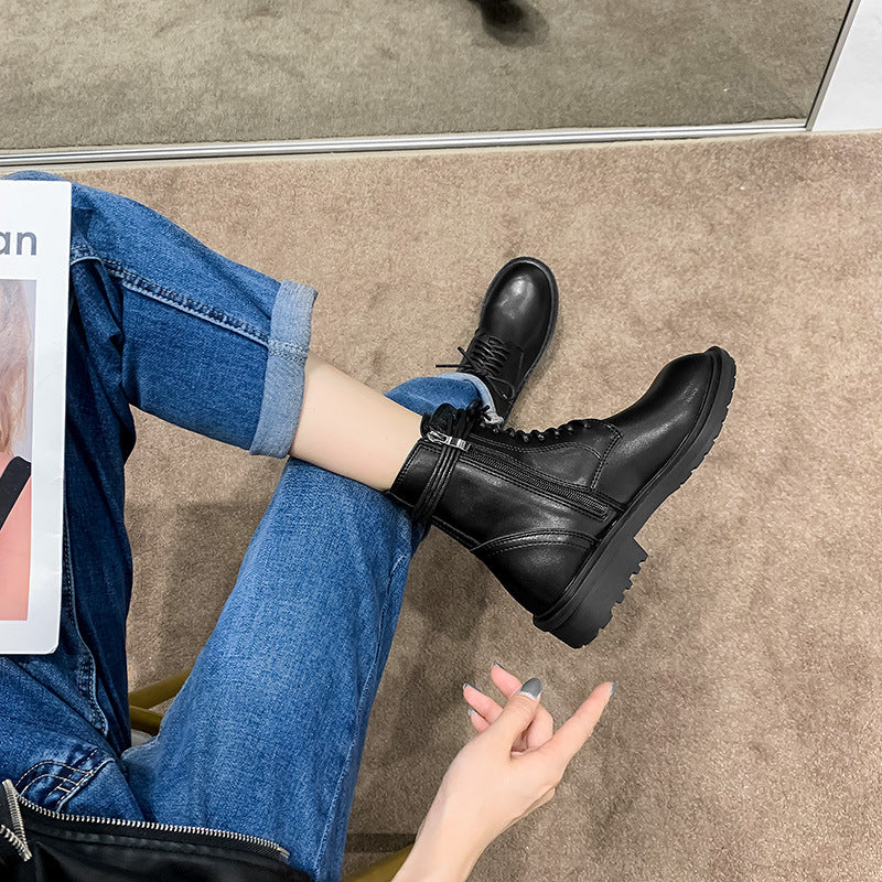 Women's Breathable Motorcycle Thin Short Low Round Women's Leather Boots