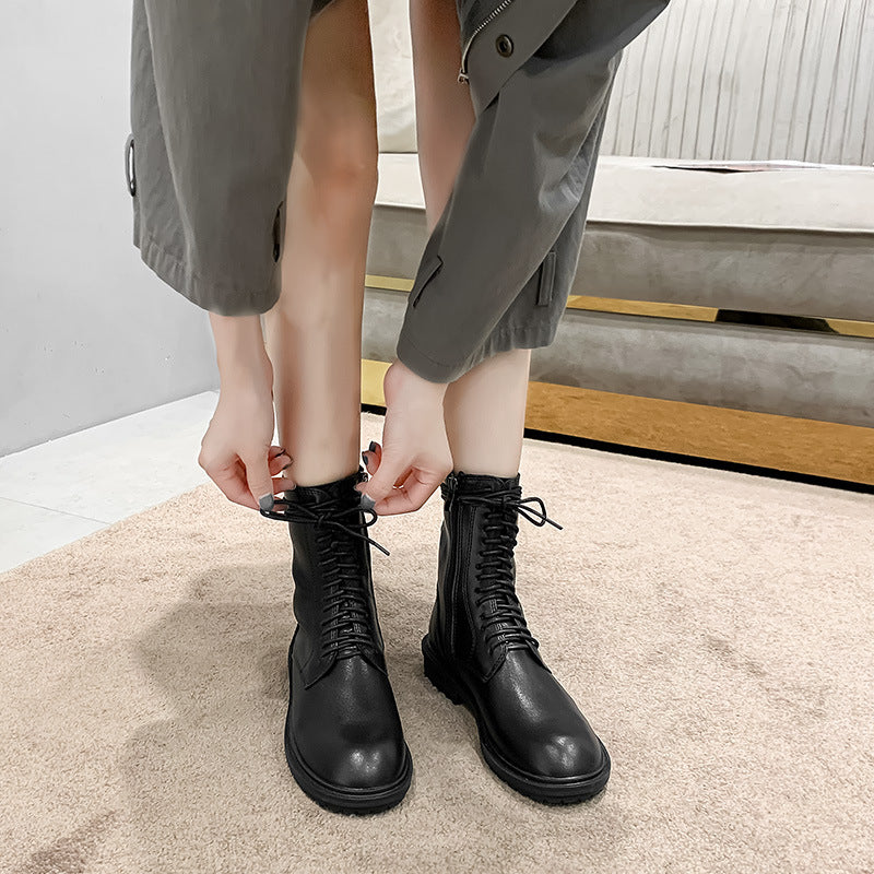 Women's Breathable Motorcycle Thin Short Low Round Women's Leather Boots
