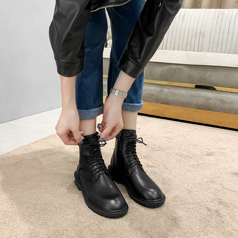 Women's Breathable Motorcycle Thin Short Low Round Women's Leather Boots